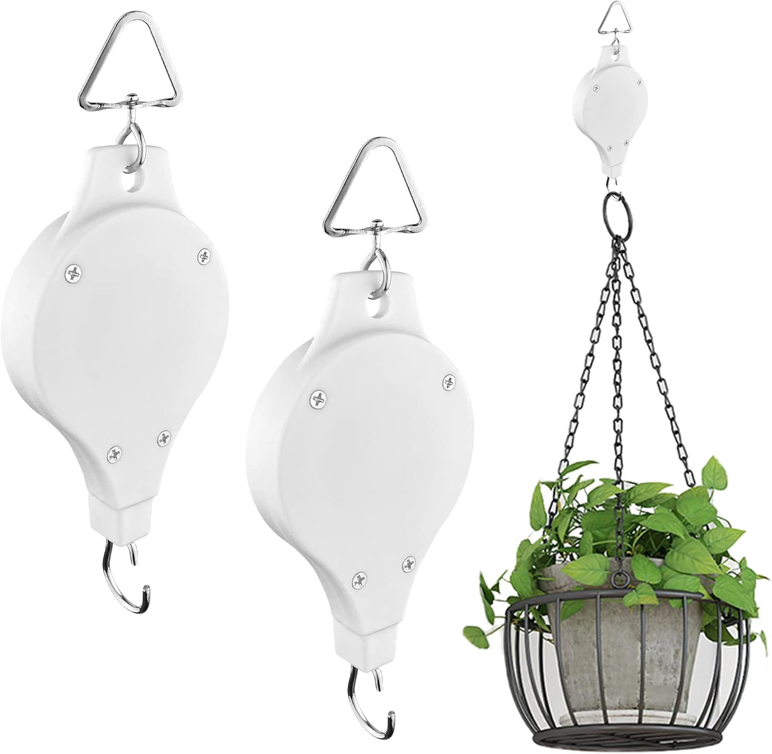 Outdoor Hanging Brackets - MEGXIT 2 Pack Plant Pulley Retractable Pulley Plant Hanger,Adjustable Plant Pulley Hanger,Adjustable Hanging Flower Basket Hook Hanger for Garden Hanging Basket Pots and Bird Feeder - White