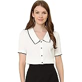Allegra K Short Sleeve Chiffon Blouse for Women's Collared Casual Work Button Down Shirt Top