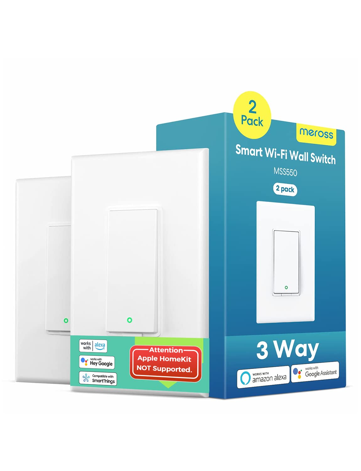 Photo 1 of Meross 3 Way Smart Light Switch (Neutral Wire Required), 2.4G WiFi Light Switch Supports Alexa, Google Assistant and SmartThings, Voice Control and Schedule (2 Pack)
