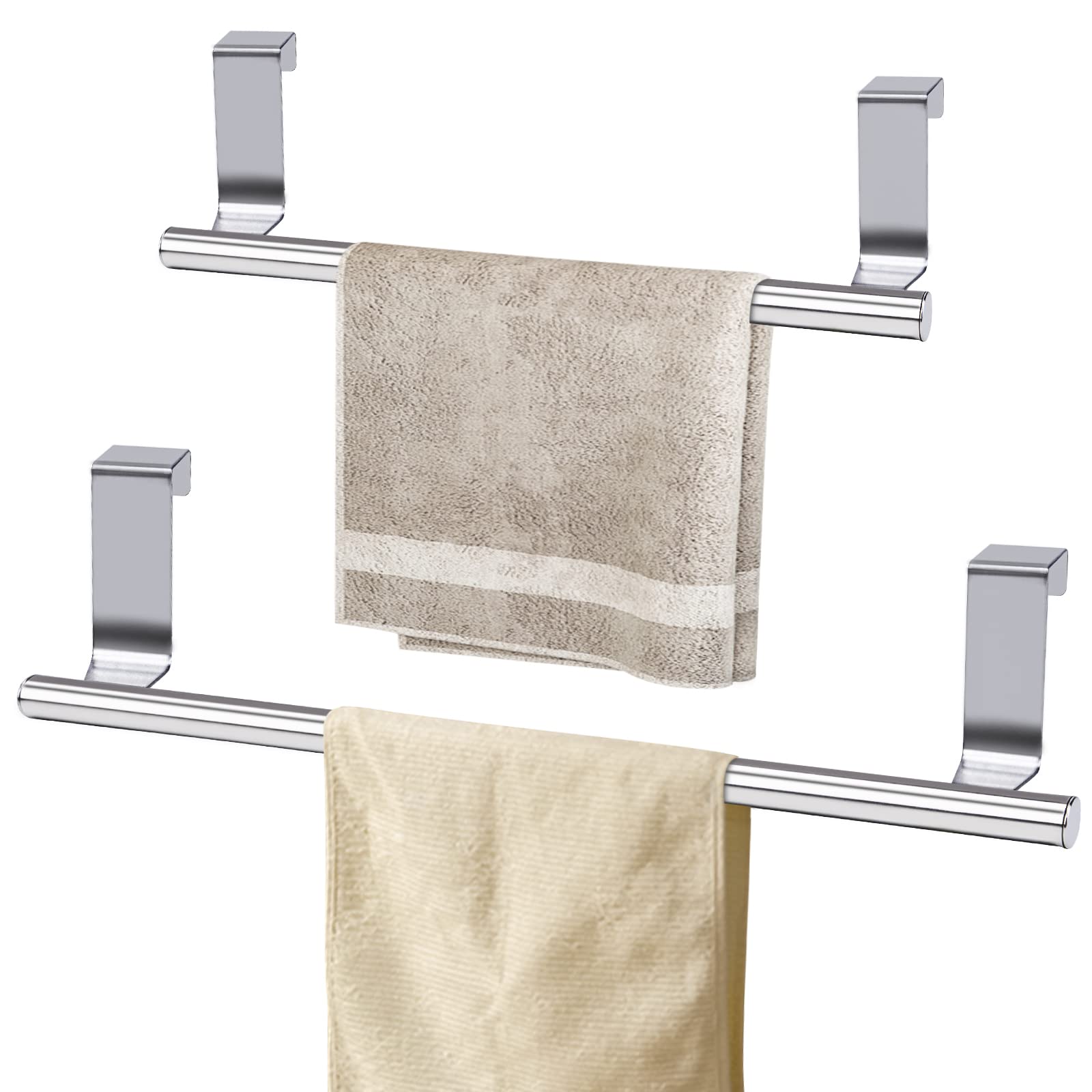 2 Pcs Stainless Steel Towel Holder, Over Door Towel Rail with Protective Strip, Towel Bar Holder, Silver Dish Towel Rack for Kitchen Bathroom Cupboards Drawer, 23.5cm and 36cm (1*Large+1Small)