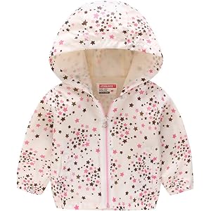 Toddler Windproof Jackets Baby Star Floral Hooded Zip up Rain Coat Light Outdoor Hiking Outdoor Pockets Windbreaker