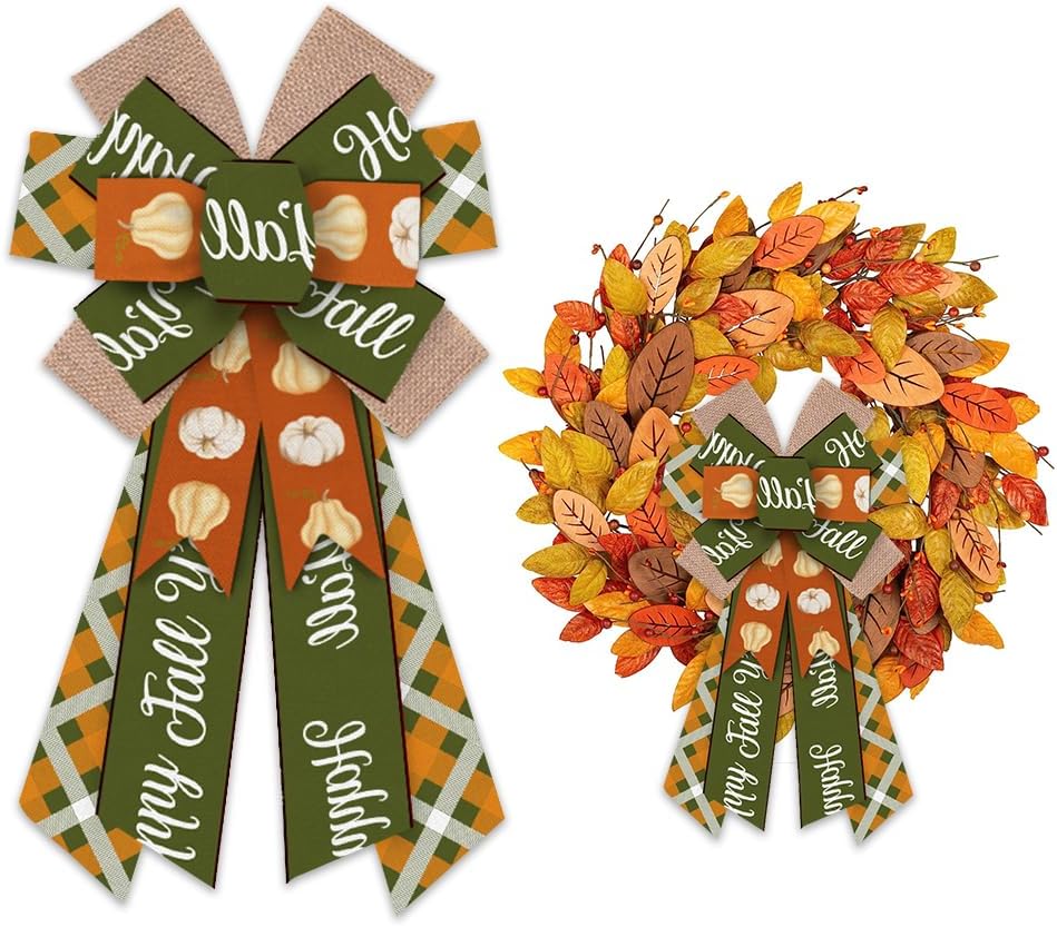 Bows & Ribbons - ABTOLS Large Fall Wreath Bows, Orange Green Buffalo Plaid Bows for Wreath Autumn Pumpkin Burlap Bows for Front Door, Brown Farmhouse Tree Bows for Thanksgiving Holiday Indoor Outdoor Decor