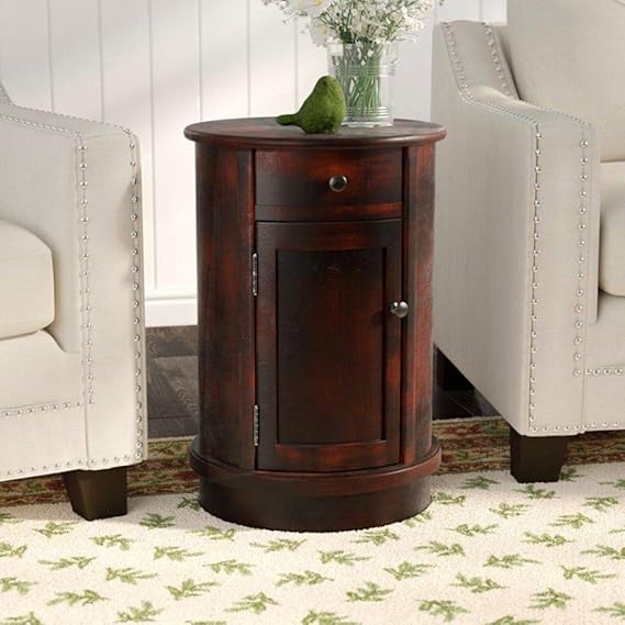 Rustic Drum End Table with Storage Antique Storage