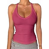 Danysu V Neck Racer Back Tank Top for Women Padded Ribbed Long Tank Fitted Basic Cami Tops