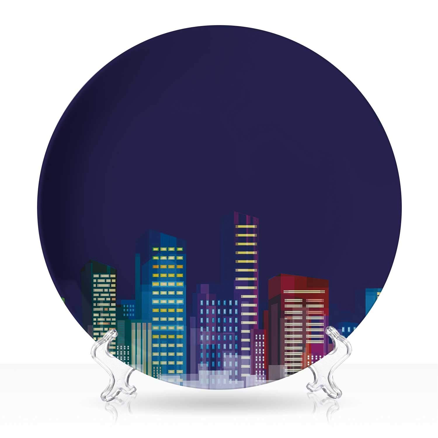Kids Dr,Decor plate Cartoon Print of City Scenery Landscape of Apartments and Buildings Artwork for Girlfriend Gift 8"Inch
