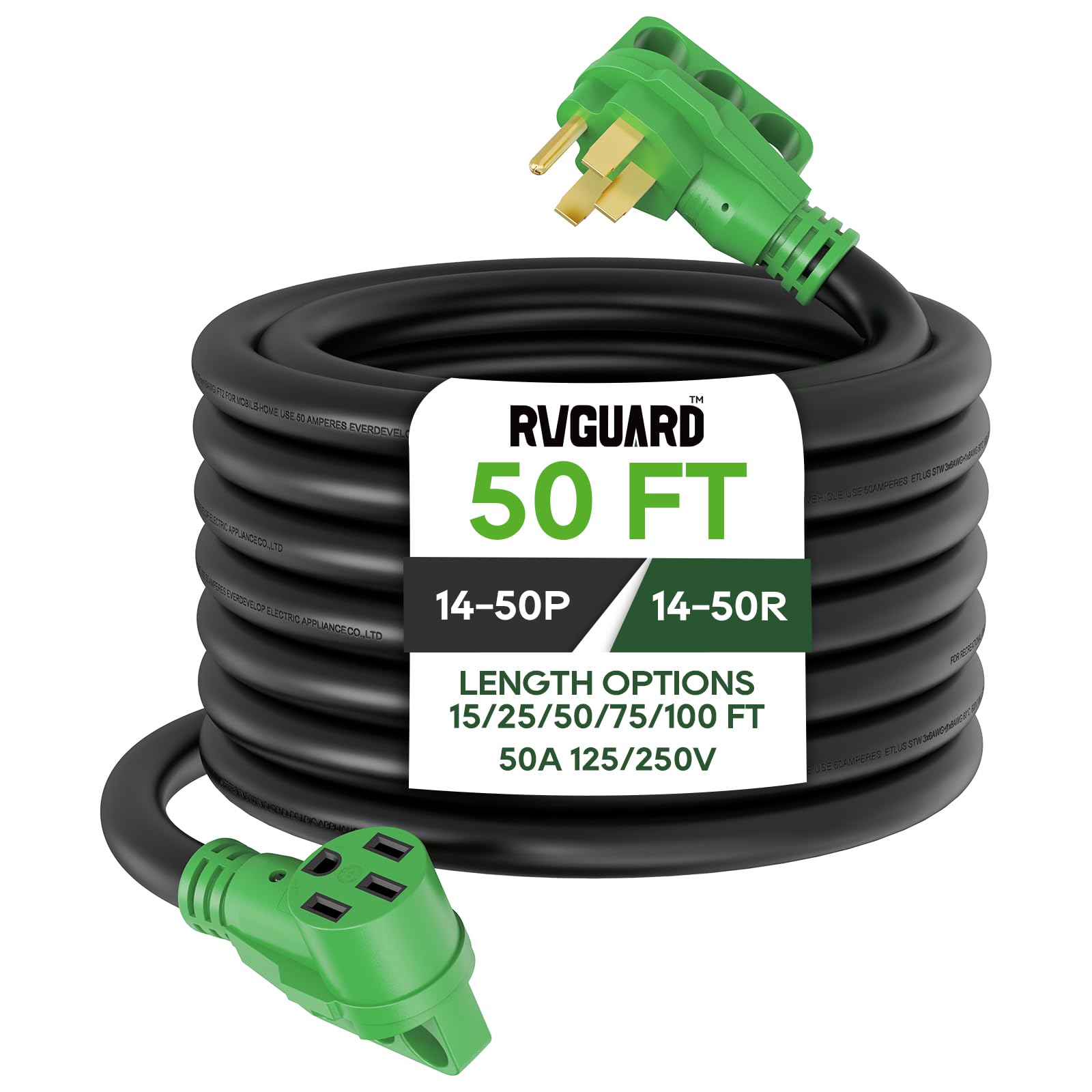 Photo 1 of RVGUARD 50 Amp 50 Foot RV/EV Extension Cord, NEMA 14-50P/R Heavy Duty Extension Cord with LED Power Indicator and Cord Organizer, Green, ETL Listed