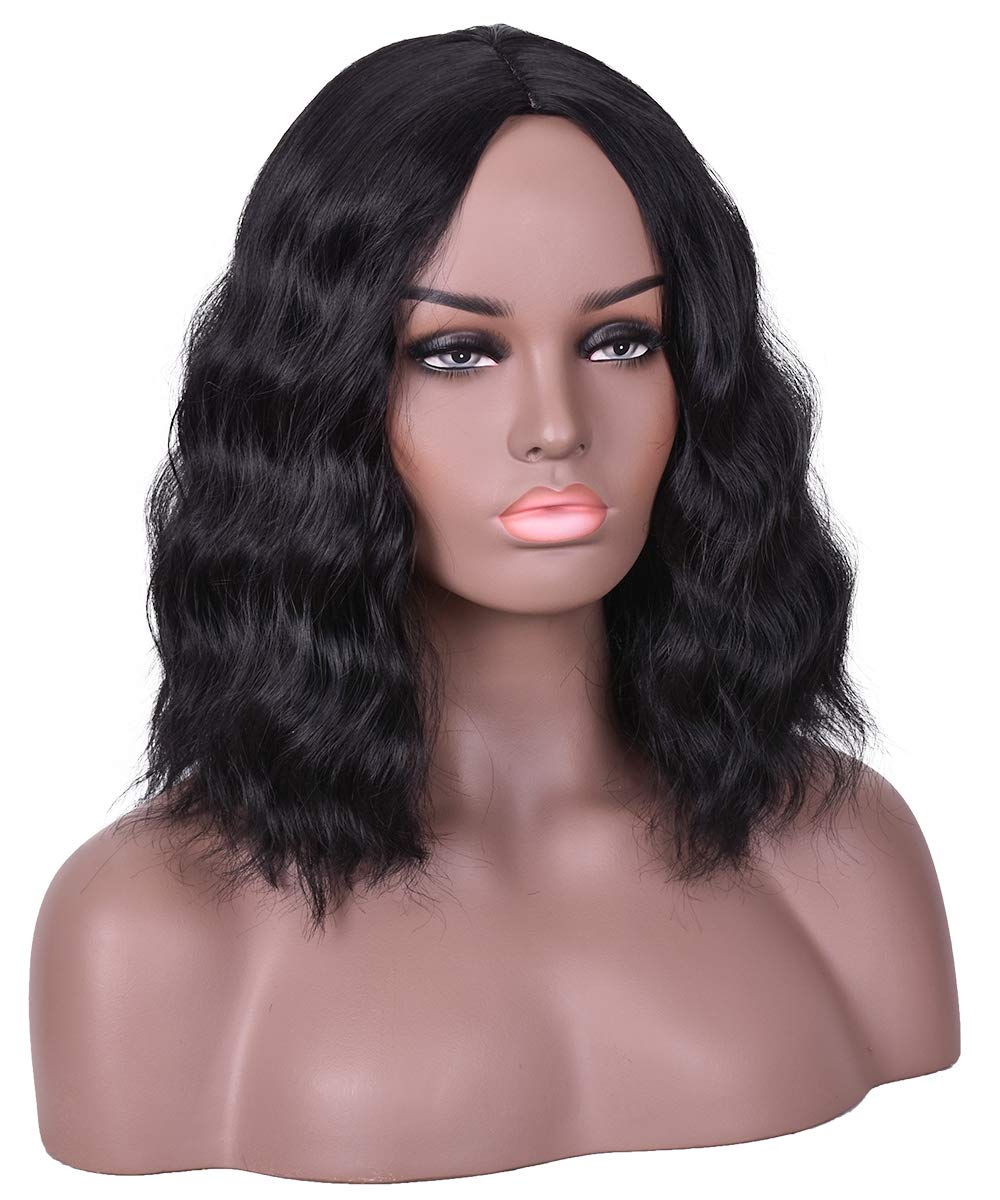 Black Wavy Bob Wig Short Wavy Black Wig for Women Shoulder Length Synthetic Women’s Wig (12’’, Black)