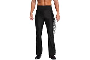 Sinleey Men High Waist Fringe Flared Pants Ballroom Dance Pants Modern Dance Pants Disco Trousers