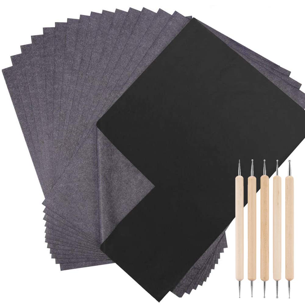 100 Sheets A4 Black Carbon Paper Transfer Paper,Graphite Copy Paper Sheet Hand Copy with 5 Dotting Tools for Art Craft Tracing Wood Paper Canvas Cloth Fabric Sewing