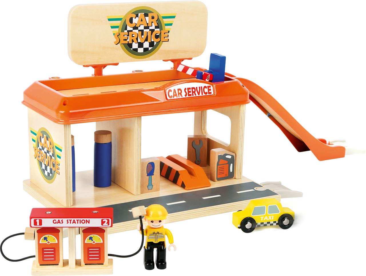 small foot 10901 Workshop with gas station, parking deck, car wash and accessories, such as fuel pumps and gas station attendant, from 3 years of age