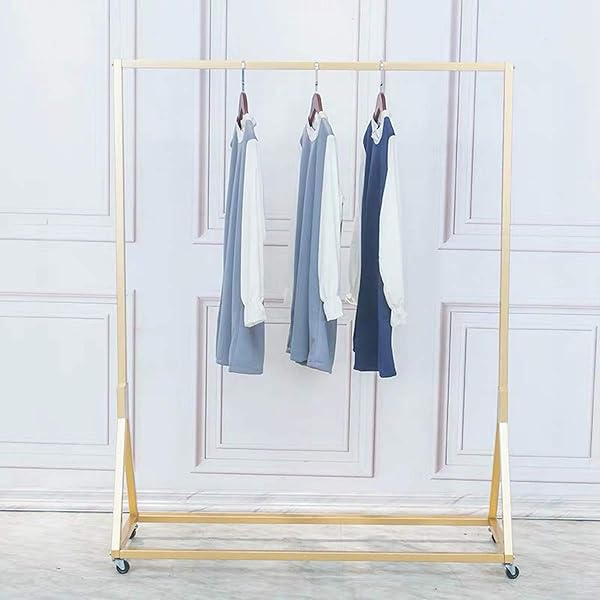 FURVOKIA MODERN SIMPLE HEAVY DUTY METAL ROLLING GARMENT RACK WITH WHEEL,RETAIL DISPLAY CLOTHING RACK, SINGLE ROD FLOOR-STANDING HANGERS CLOTHES SHELVES (GOLD SQUARE TUBE A, 47.2 L)