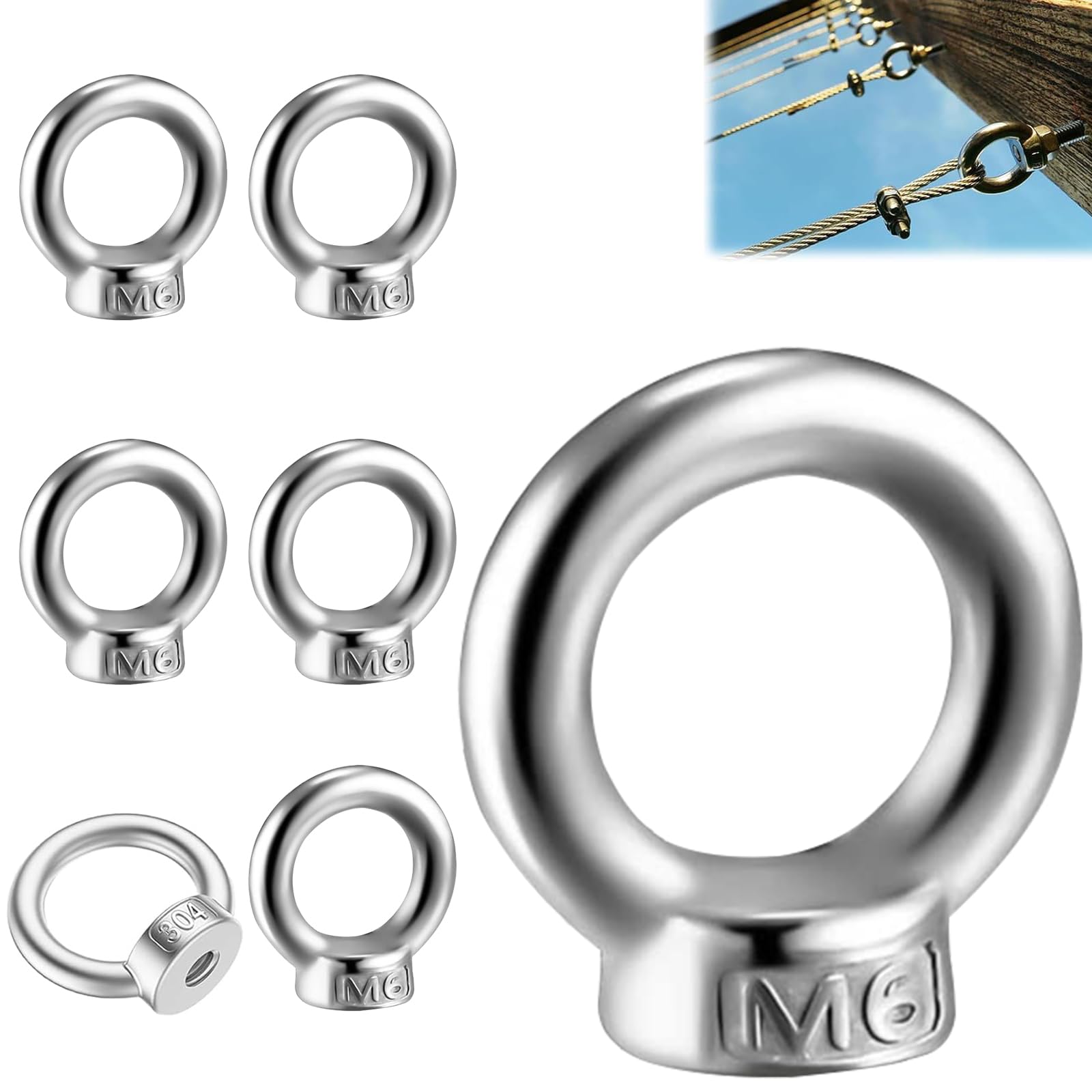 6 Pcs M6 Lifting Ring Nuts, 304 Stainless Steel Lifting Eye Nut, Eye Nuts, Female Threaded Ring Nut, for Lifting Engineering Port Marine Fixing Accessories