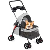 Pet Stroller for Small Dogs &amp; Cats, Folding Dog Carrier with 360&deg; Rotatable Front Wheels, Dual Anti-Release Buckle, 180&deg; Adjustable Canopy, Comfortable Mesh, Cup Holder Grey