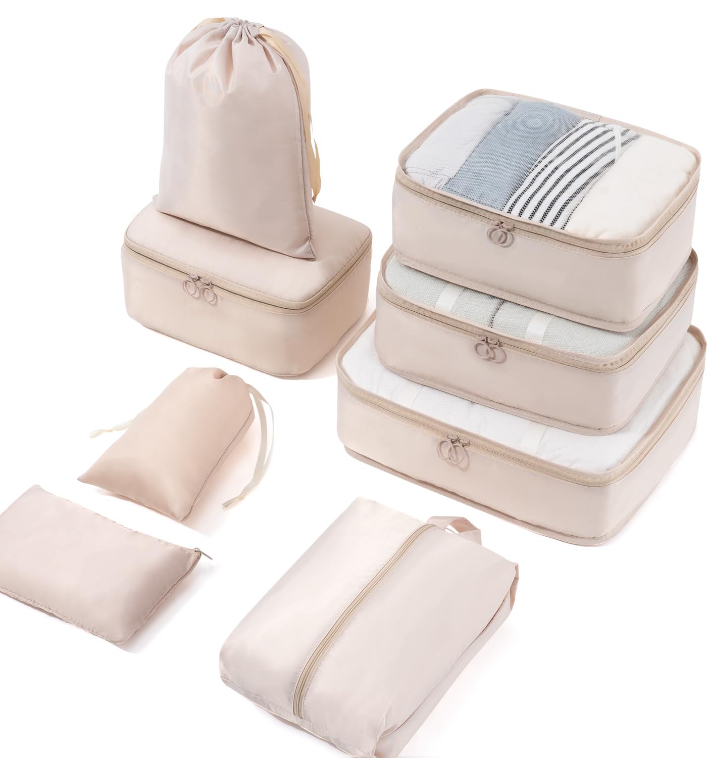 Meowoo Packing Cubes for Suitcases 8Pcs Set, Waterproof Travel Luggage Organizer with Shoes & Toiletries Bags - Lightweight Clothes Storage for Travel Essentials (Beige)