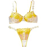 OYOANGLE Women's Floral Embroidery Lace Sheer Lingerie Set See Through Underwire Bra String Thong Sets