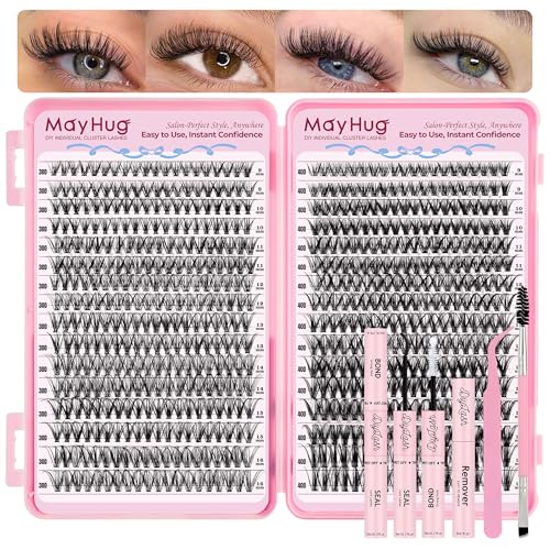 Mayhug Lash Clusters Kit, 640 Pcs Eyelashes Clusters Extensions 9-16mm Individual Lashes D Curl Fluffy Wispy False Eyelashes Thin Band, with Bond Seal Remover Tweezers Brush DIY (30D+40D Kit 9-16mm)