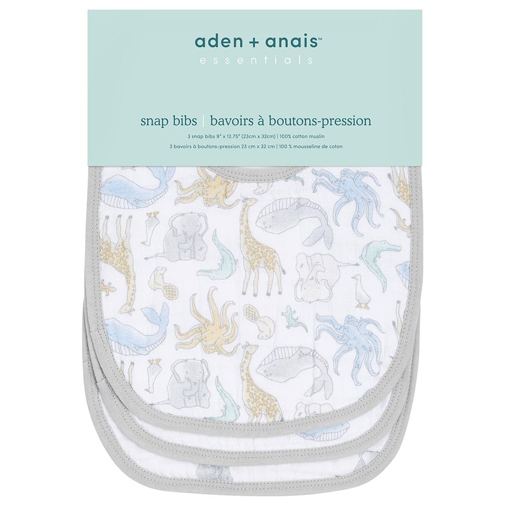 aden + anais essentials Snap Baby Bib, 100% Cotton Muslin, 3 Layer Burp Cloth, Super Soft & Absorbent for Infants, Newborns and Toddlers, Adjustable with Snaps, 3 Pack, natural history
