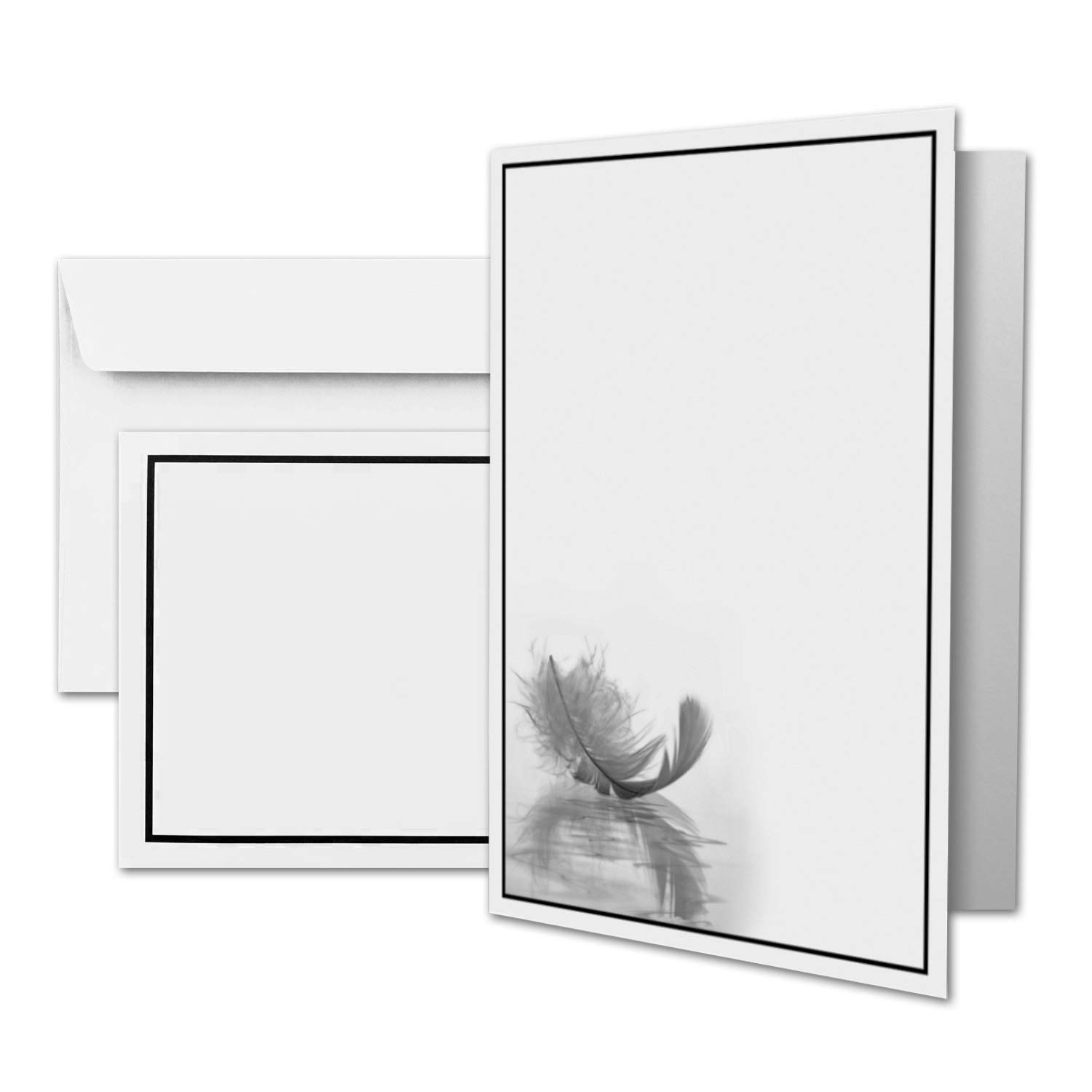 25 x condolence card DIN A6 motif feather + mourning envelopes DIN C6 - black mourning frame - 10.5 x 14.8 cm - double card printable - condolence set for thank you, invitation, notice of mourning