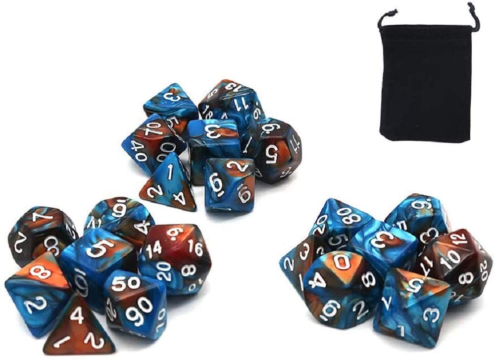 DollaTek Polyhedral Dice Set 3 x 7 (21 Pieces) Die Series D20 D12 D10 D8 D6 D4 DND Dice DND RPG MTG Double Colors Green and Gold