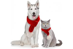 DELIFUR Dog Christmas Knitted Scarf with White Pompom Warm Winter Holiday Accessories for Small Medium Cats Dogs Lovely Winter Outfits (L, Red)