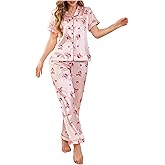 WDIRARA Women's Bow Print Satin Pajama Set Button Down Short Sleeve Pants 2 Piece Sleepwear Pjs