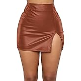 Panegy Women Leather Skirt Side Split Bodycon Mini Skirt High Waist Skirt for Club Party Casual