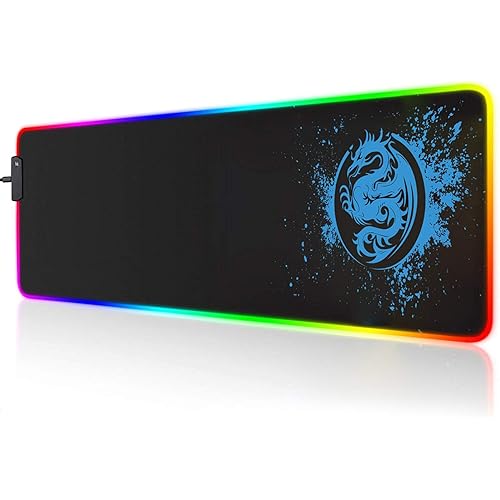Trvaago Large RGB Gaming Mouse Pad - 15 Light Modes Extended Computer Keyboard Mat, Anime Dragon Mouse Pad，High-Performance Mouse Pad Optimized for Gamer 31.5 X 12in (Blue)