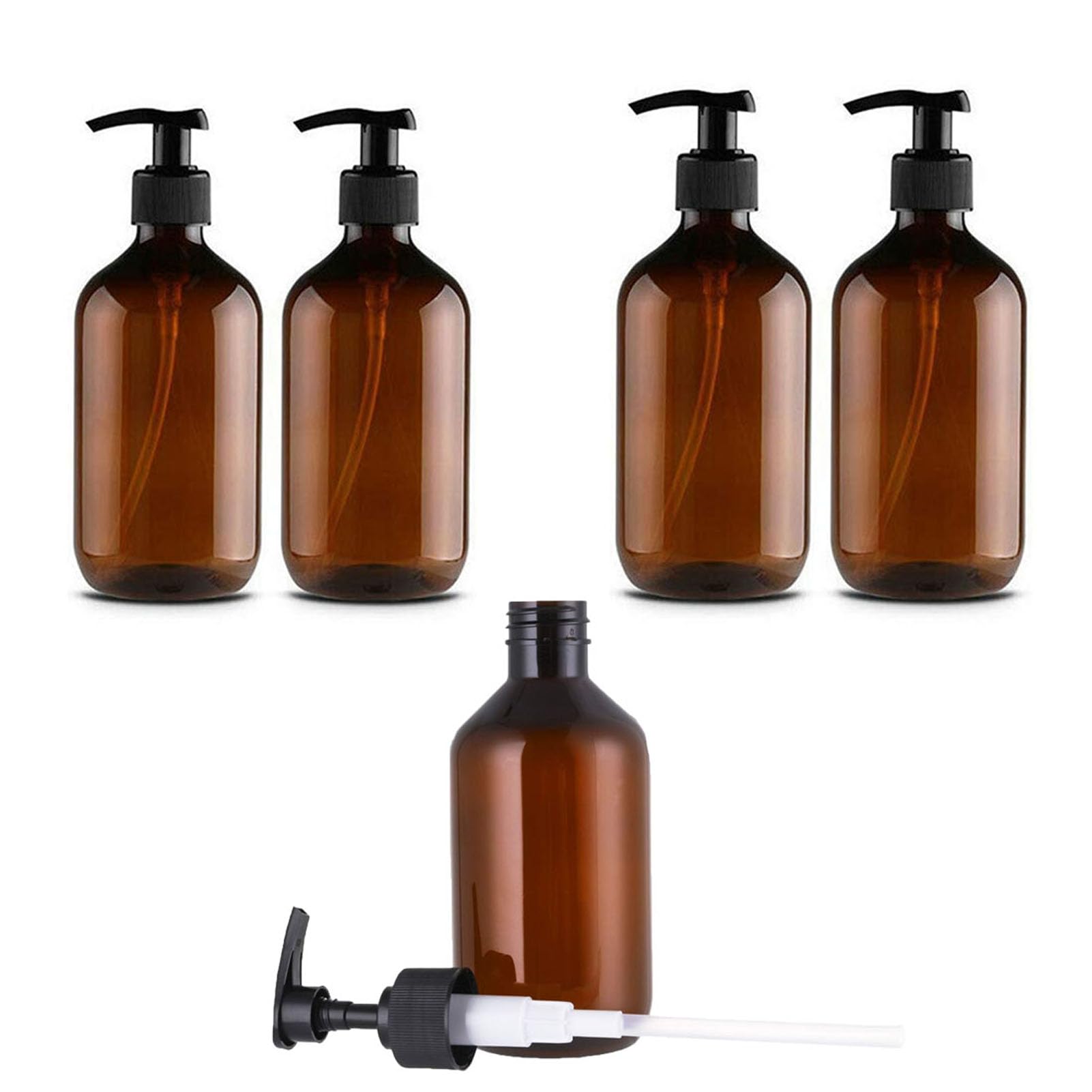 Qinsky Refillable Pump Bottles, 4Pcs Brown Empty Press Pump Bottles with Pumps, Dispenser for Lotion, Shampoo, Soap