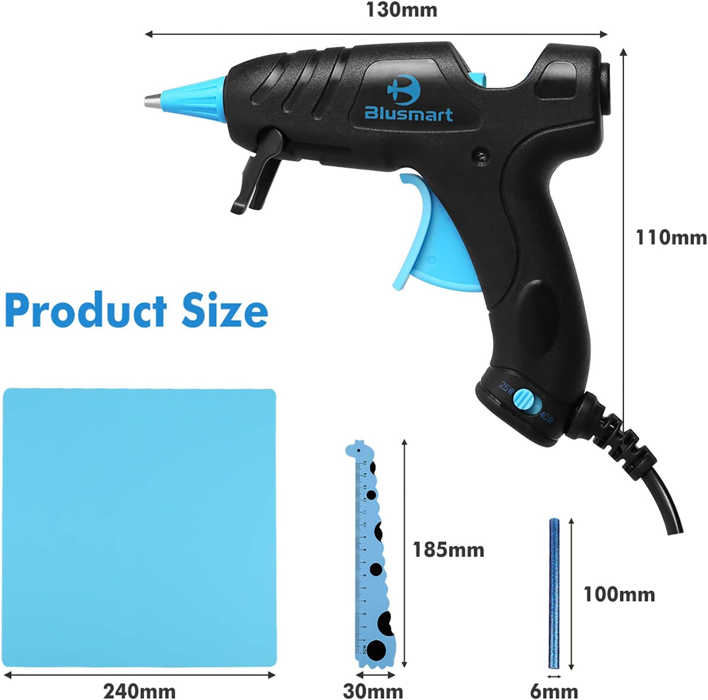 Blusmart Hot Glue Gun, 25W/40W Adjustable Mini Glue Gun Kit with 35 Glue Sticks, Ruler, Silicone Mat, Finger Caps, and Sticker Sheets for Home & School DIY Arts & Craft Kids