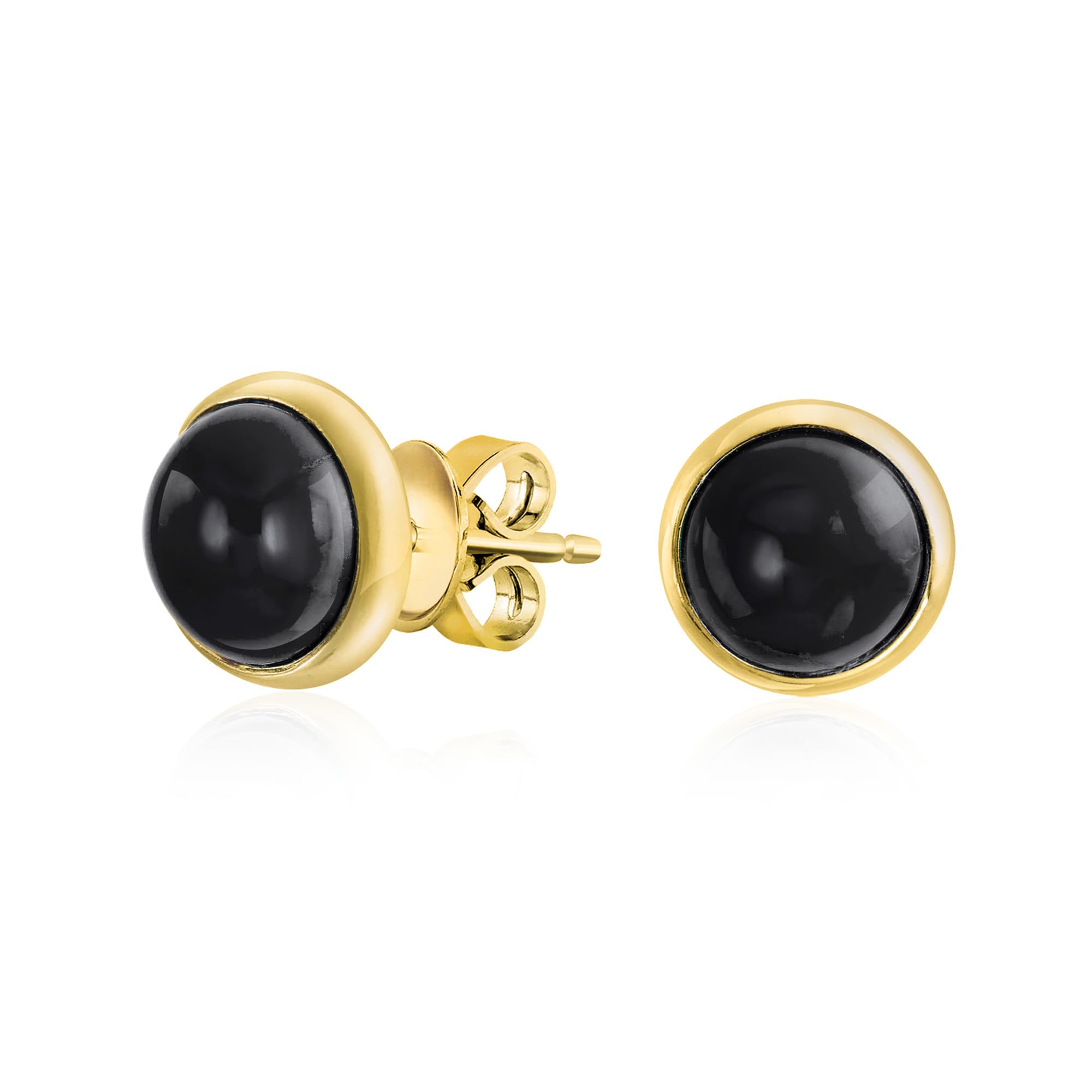 Classic Simple Black Onyx Bezel Set Round Dome Button Stud Earrings For Women Gold Plated .925 Sterling Silver