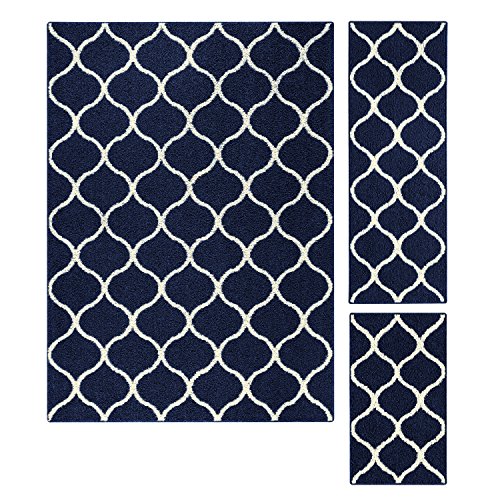 Maples Rugs Area Rugs Sets - Rebecca [3pc Set] Non Slip Large Carpet Runner Rug [Made in USA] for Living Room and Kitchen, Rugs Set, Navy Blue/White