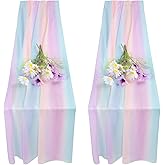 JeogYong 2 Pcs Colorful Chiffon Table Runner 30 x 71 Inch Sheer Table Runner Tulle Rainbow Table Runner for Wedding Shower Decorations, Bridal Shower, Garden Party Decorations (Iridescent)