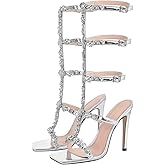 richealnini Sparkle Open Toe Strappy Heel Gladiator Sandals with Rhinestones Embellished Diamante T-strap Up Stiletto Heels