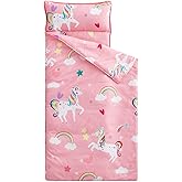 Wake In Cloud - Toddler Nap Mat with Pillow and Blanket, for Kids Girls Ages 3 Plus in Kindergarten Daycare Preschool, Roll Up Sleeping Bag, Unicorns Rainbow Stars