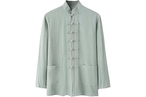 Cambkatl Men's Mandarin Collar Linen Kung Fu Shirt Chinese Traditional Long Sleeve Tai Chi Frog-Button Shirts