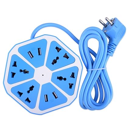 Inventia Hexagon Shape Sky Blue Color Socket Extension Board with 4 USB 2.0Amp Charging Points