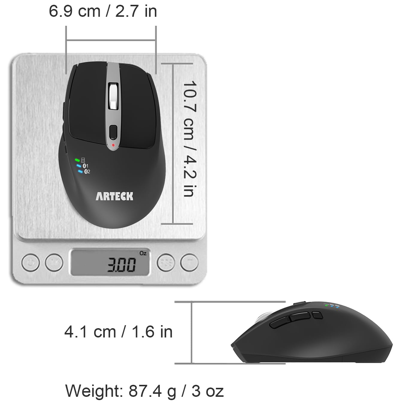 Arteck Wireless Bluetooth Mouse with Nano USB Receiver, Black, 4-Month Battery Life, Ergonomic Design