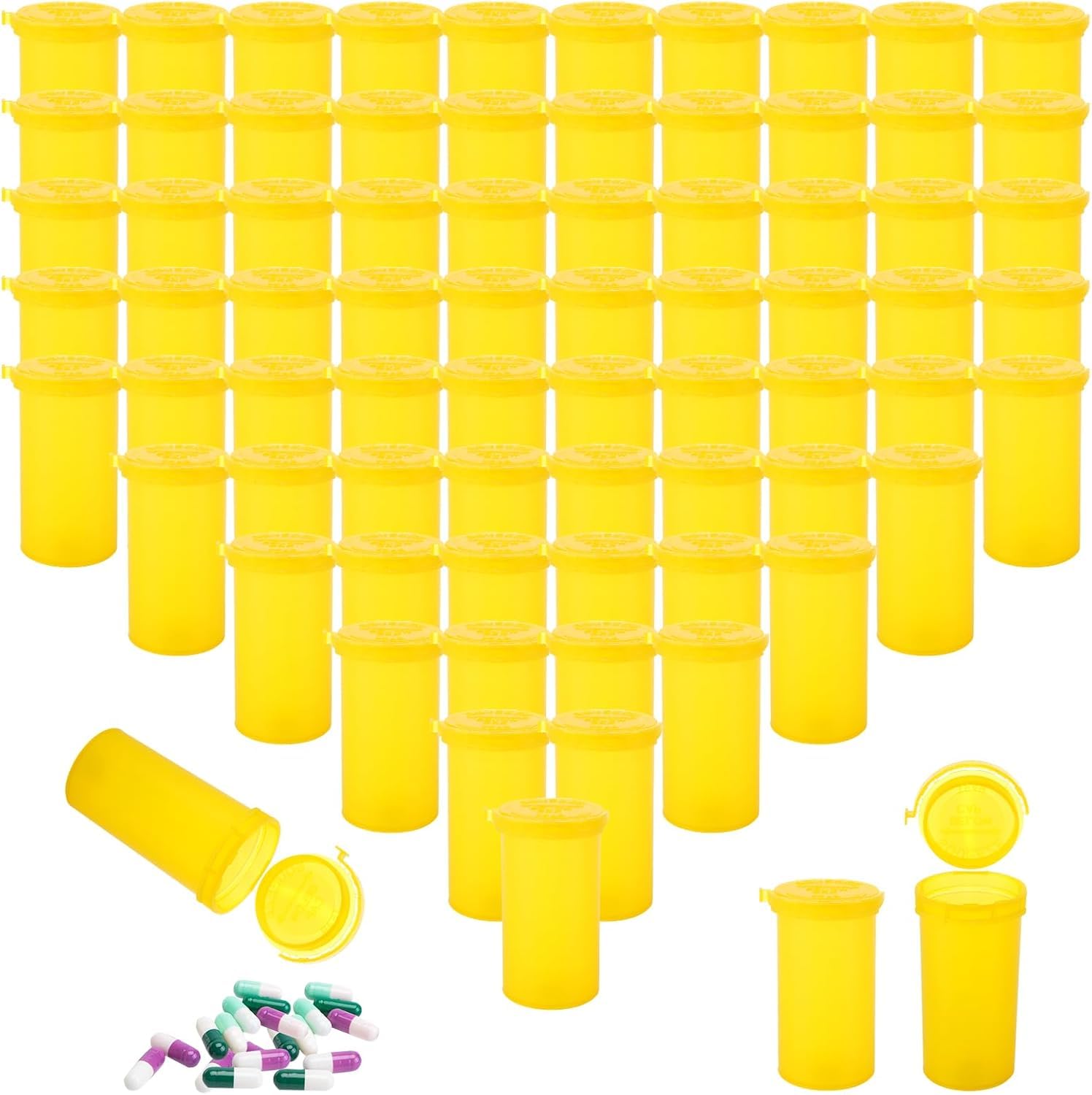 Photo 1 of JMIATRY 100 Packs Pill Bottles Empty with Caps 13 Dram Plastic Medicine Bottles Empty Prescription Pill Bottle Prescription Tube for Medicines, Supplements, Snacks (Yellow)