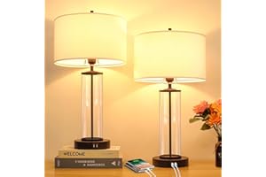 BESLOWE Modern Touch Control Dimmable Table Lamps with 2 USB Ports for Living Room Set of 2, 3-Way Dimmable Bedside Lamps with White Fabric Drum Shades for Reading Bedroom Nightstand Hotel, LED Bulbs Included