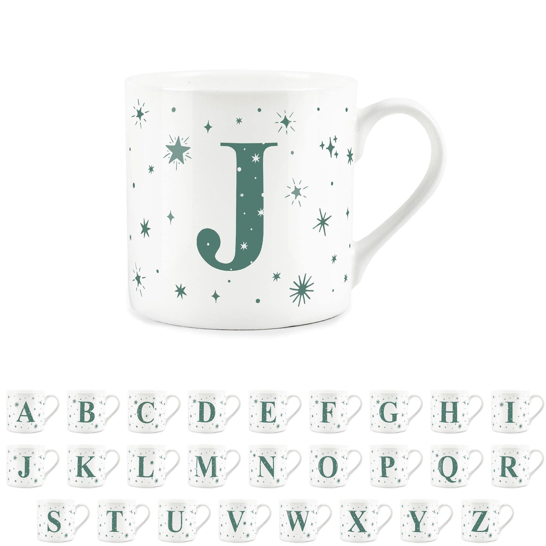 Purely Home Letter J Star Mug - Bone China White Coffee/Tea Present Gift - Alphabet Letter Mug with Stars in Teal Green Blue