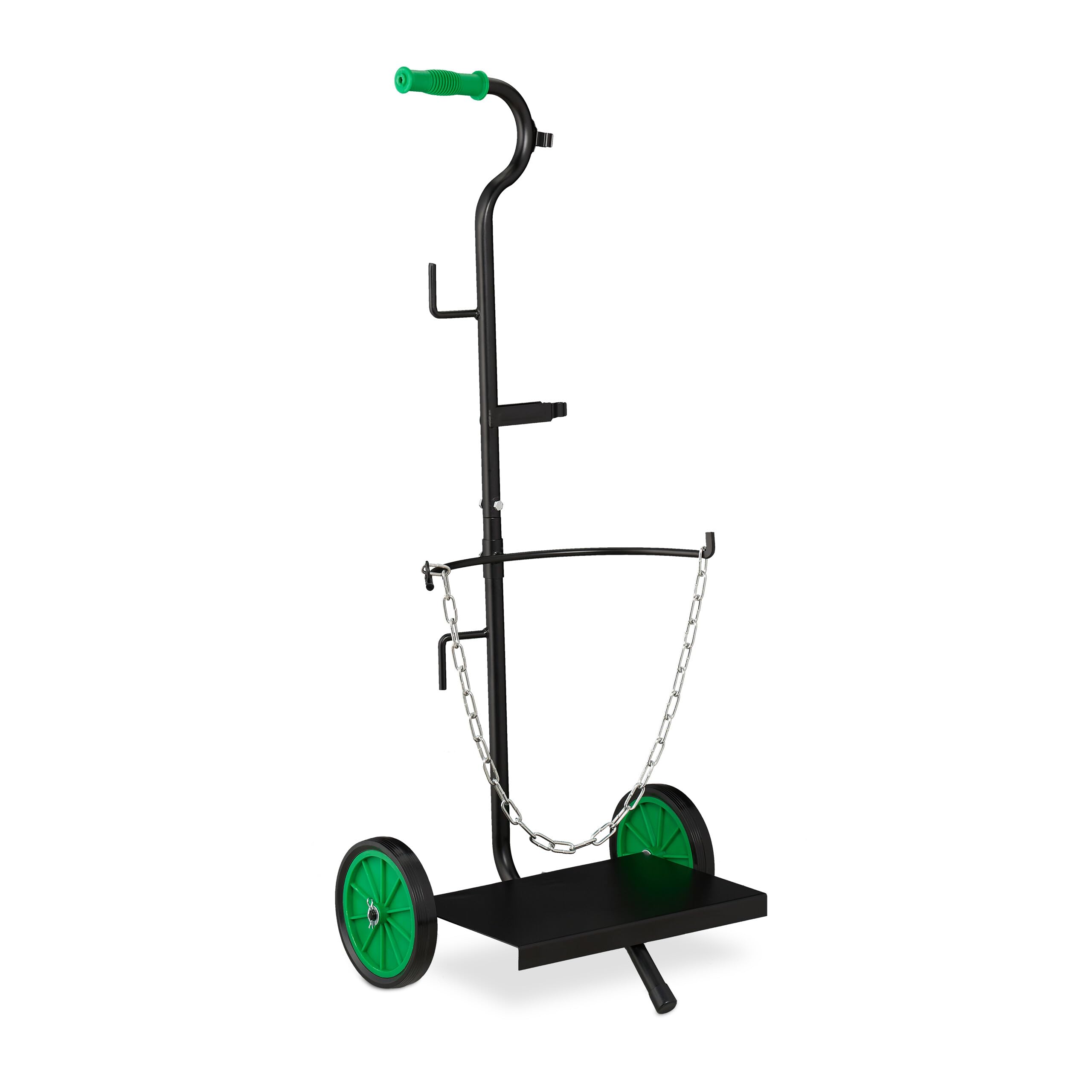 Relaxdays Gas Cylinder Dolly, 5 & 11 kg Propane Tank Hand Cart, Butane Bottle Trolley, Rubber Wheels, Steel, Black/Green