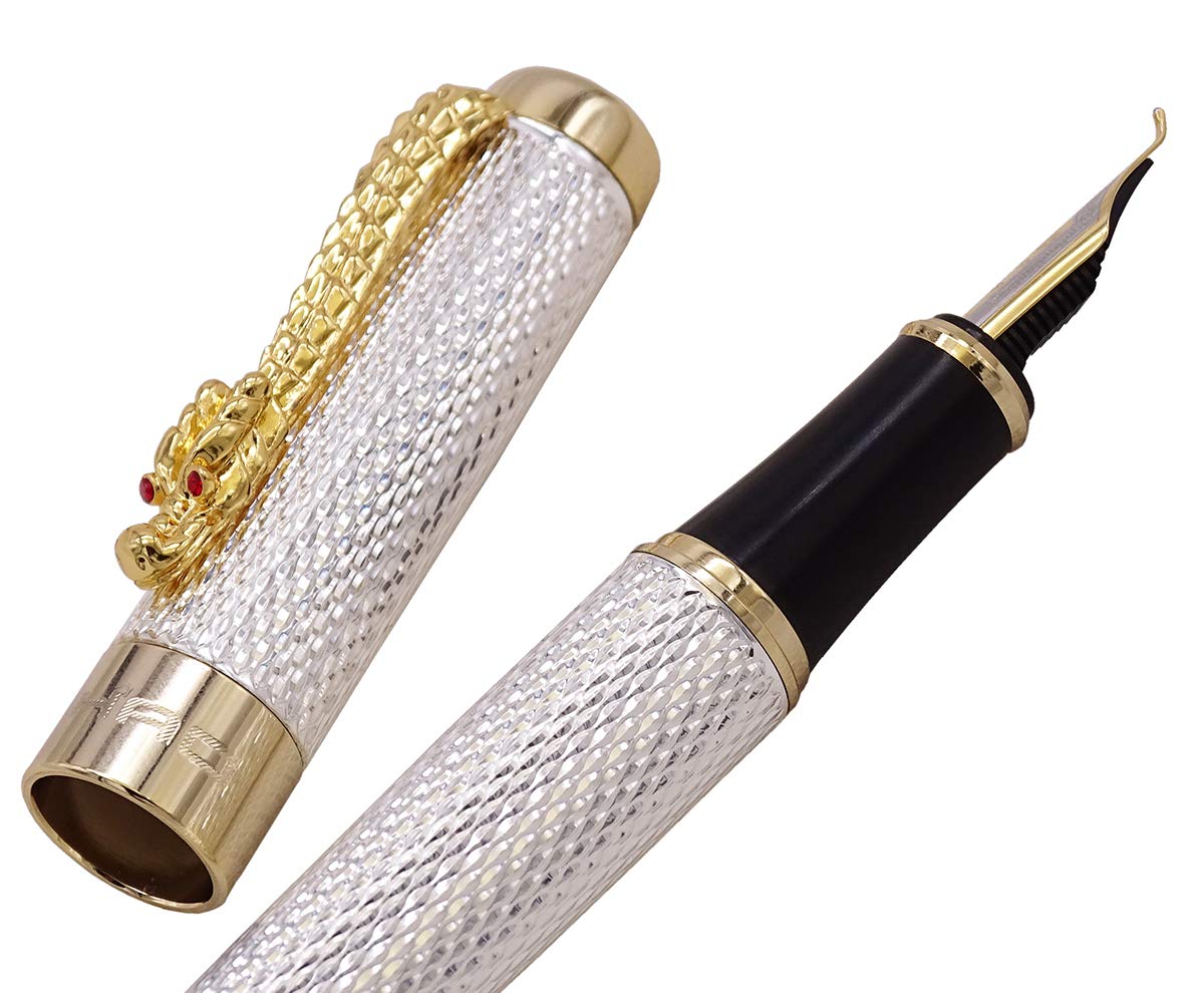 Jinhao 1200 Fountain Pen Fude Pen Bent Nib Dragon Clip Variation Color Set (Silver Fude Pen)