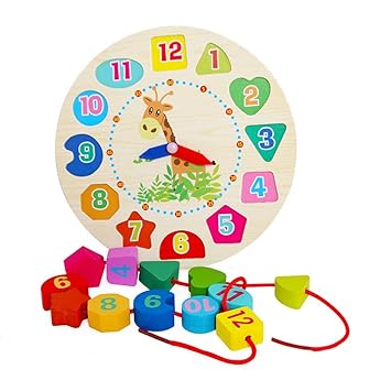 VIPECO Durable Wooden Alarm Clock Beads Puzzle 12 Numbers Kid Early Educational Toy Gifts Materials: Wood,Water-Based Paint