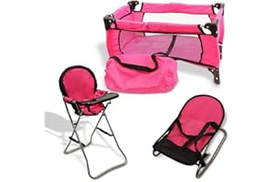 MOMMY & ME Pink Baby Doll Accessories Set - 3 In 1 Baby Doll Furniture Set with Baby Doll High Chair, Baby Doll Crib, Baby Doll Bouncer Seat, Baby Doll Bed Set for 18” Doll - Play Baby Doll Toys for 18" Dolls