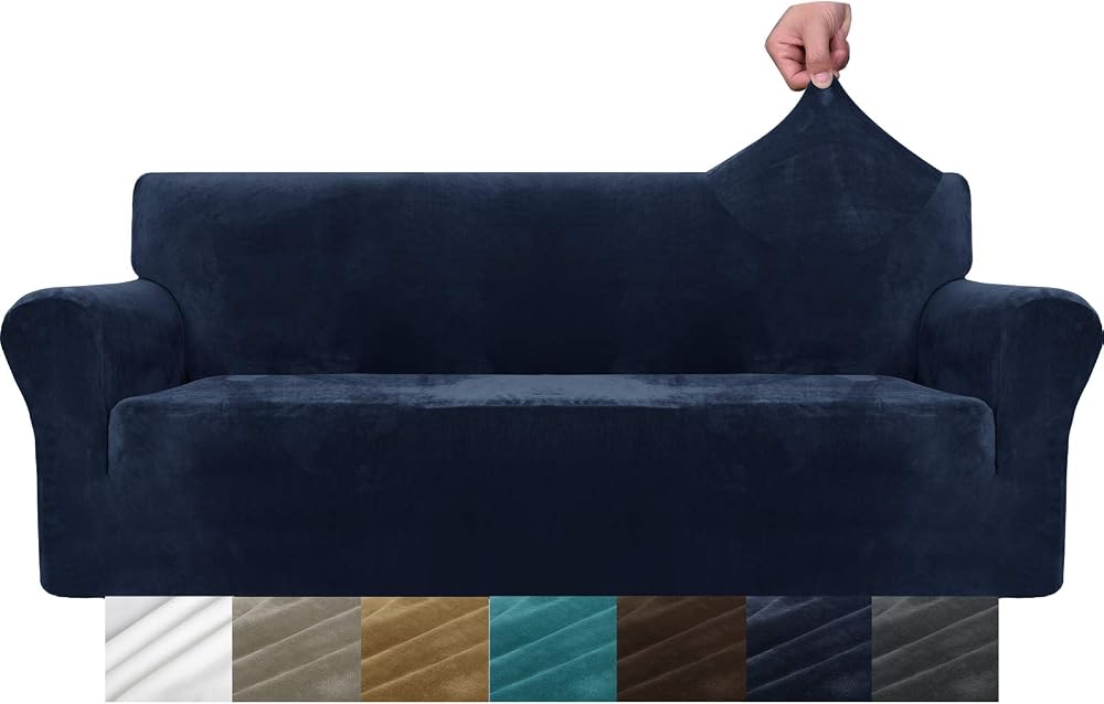 MAXIJIN Thick Velvet Sofa Cover 3 Seater Navy Blue Non Slip Elastic