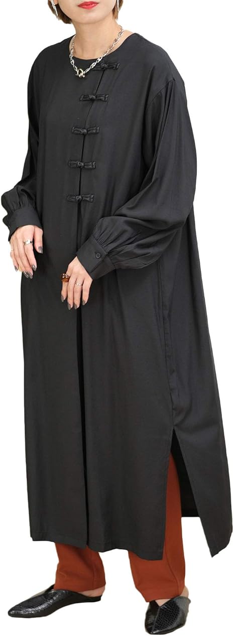 Amazon Co Jp アンドジェイ ファイユ チャイナ シャツ ワンピース 4757 レディース 長袖 無地 ロング バルーンスリーブ M ブラック 服 ファッション小物