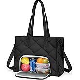 ZOMFELT Lunch Tote Bag for Women, 15.6 Inch Puffer Laptop Lunch Bag, Quilted Large Work Tote Bag with Insulated Lunch Compartment, Womens Lunch Bags for Work, Travel, Nurse, Teacher, Camping, Black