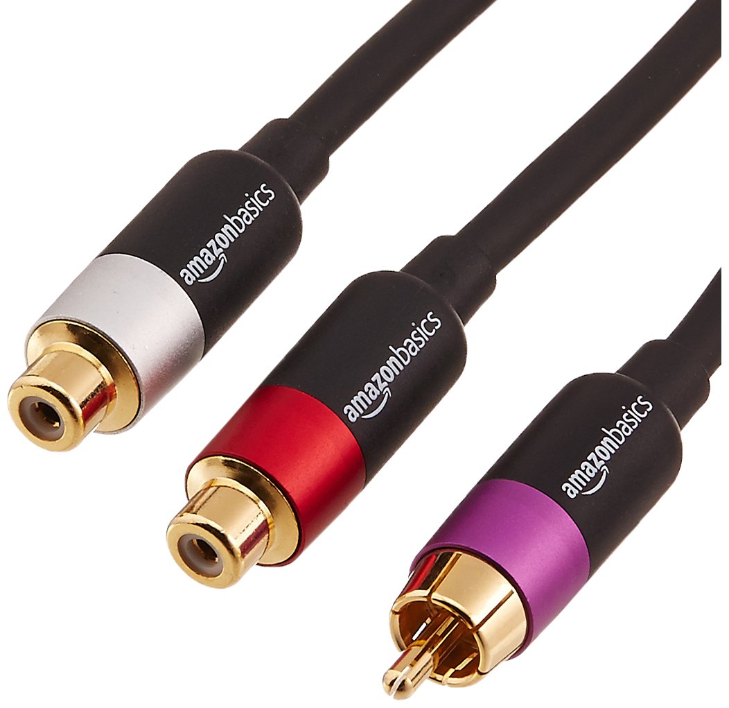 Photo 1 of Amazon Basics RCA Y-Adapter Splitter with 2-Female on One End and 1-Male RCA Cable, Gold-Plated, Black, 12 Inches/30.4 cm