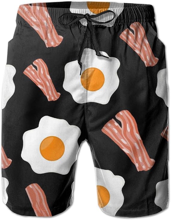 Amazon Co Jp 男性ビーチボードショーツ水着トランクス水着 面白い目玉焼きとベーコンブラック 服 ファッション小物
