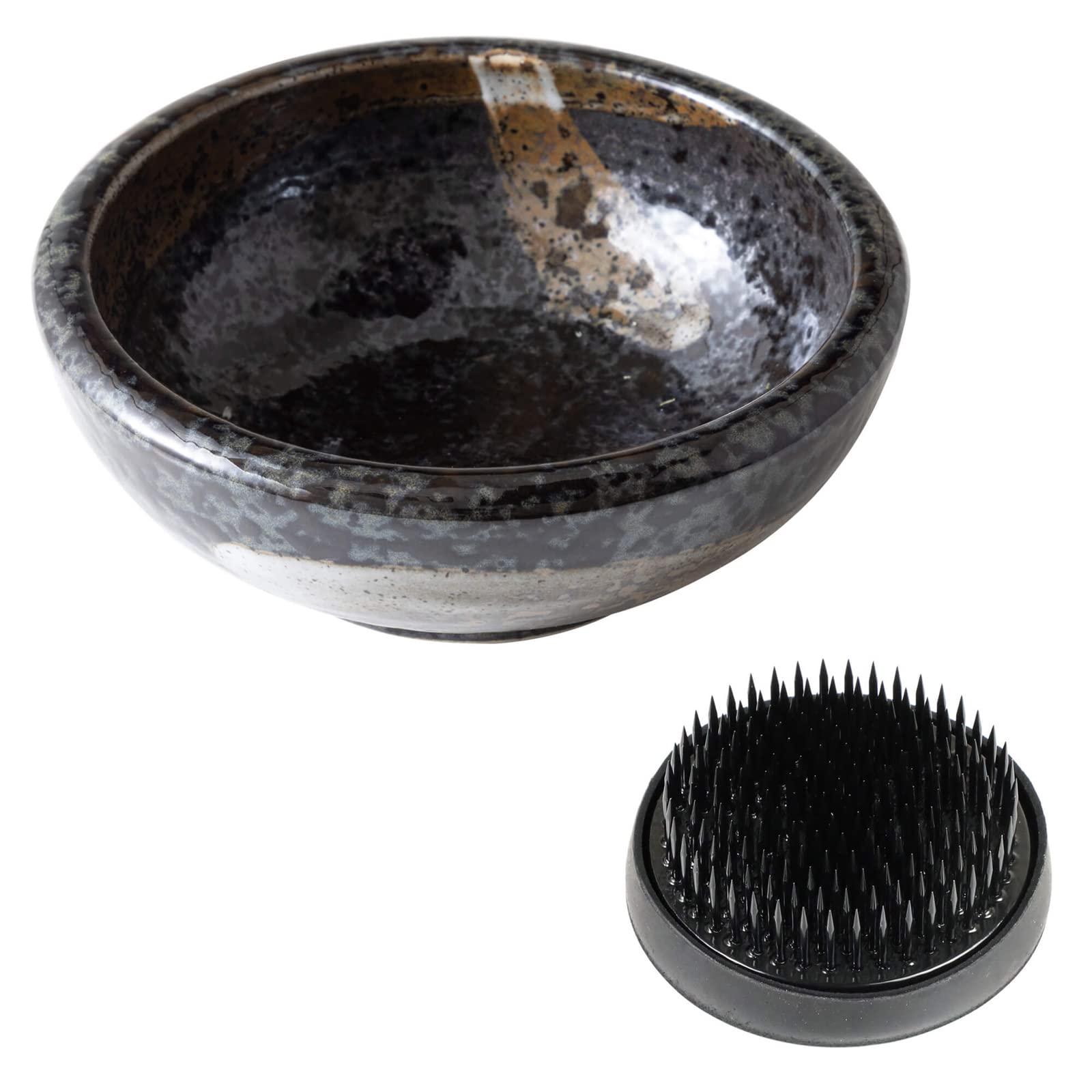 Wazakura Minoyaki Series Japanese Ikebana Essential Tool Kit - Small Round Ceramic Flower Vase and Kenzan Pin Frog for Floral Arranging (Black Vase + 61mm Black Kenzan) — image 1